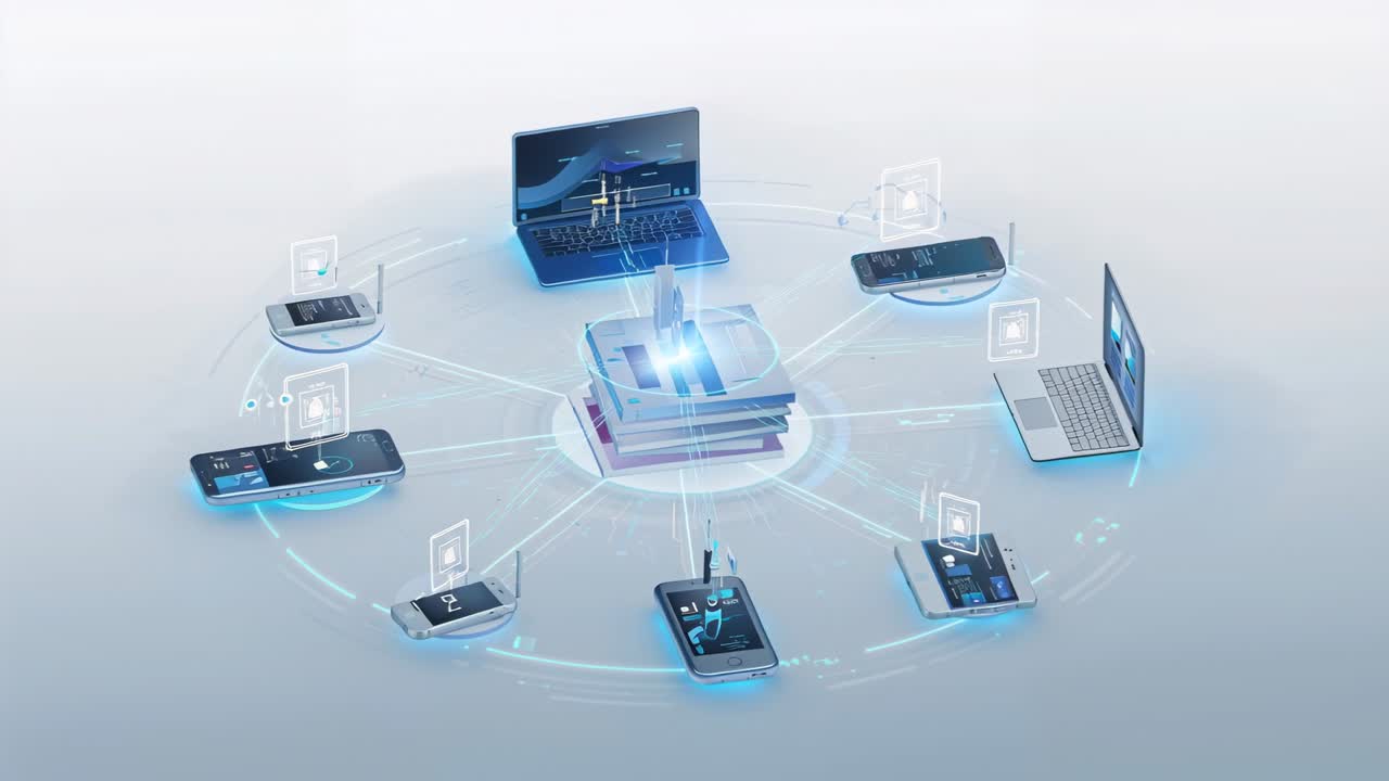 Brightening core hub pulsing while laptops forming glowing ring in studio showing network activity