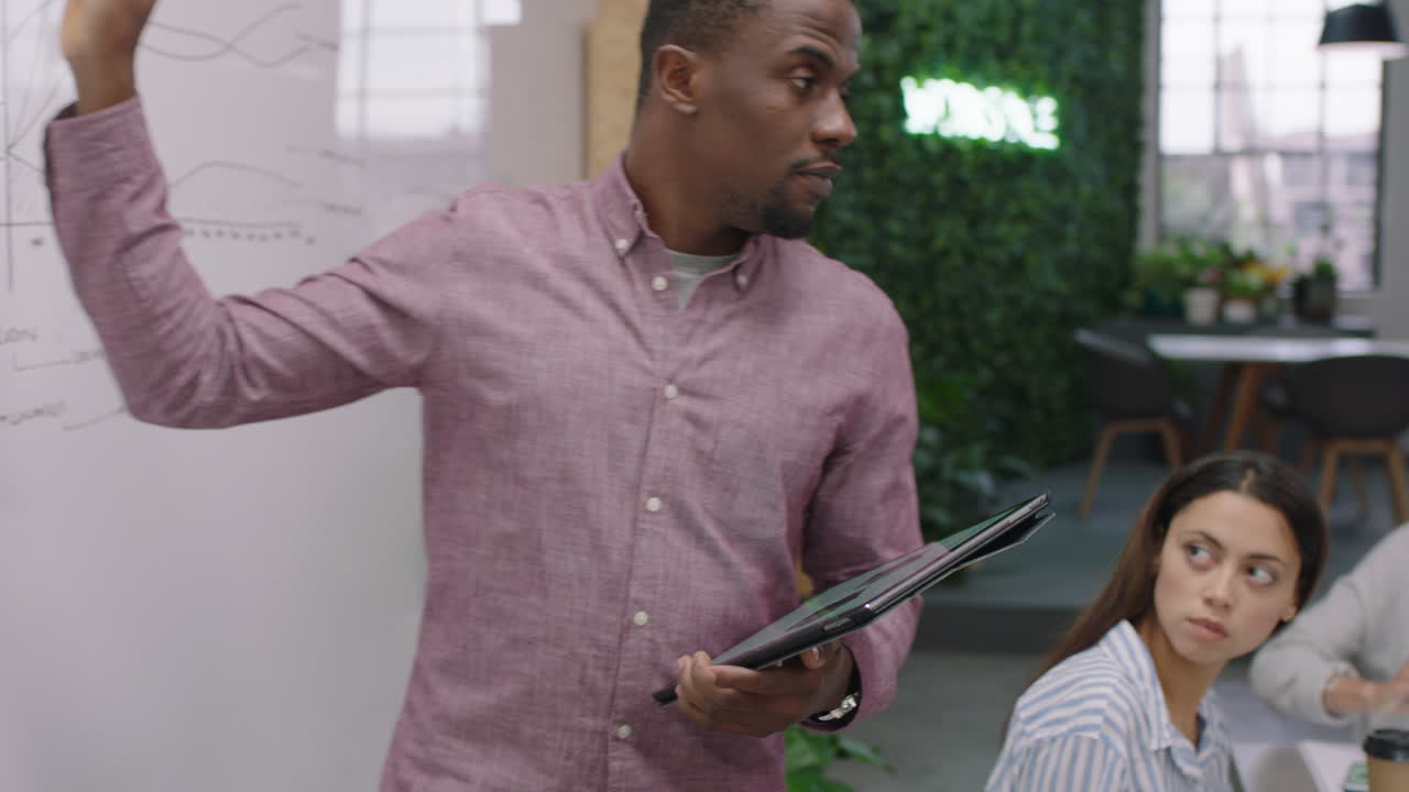 business people meeting african american businessman training diverse colleagues showing marketing research data on whiteboard sharing successful strategy using tablet computer in office presentation