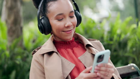 headphones, mobile app or happy woman in park