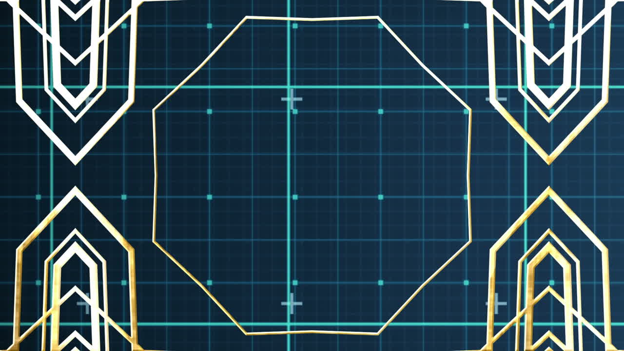 체크된 파란색 공간 위에서 변하는 기하학적 모양의 애니메이션