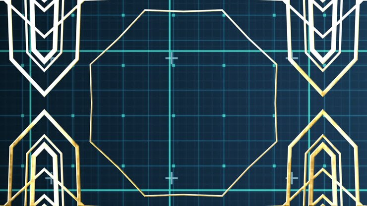 Animazione di forme geometriche mutevoli su spazio blu a scacchi.