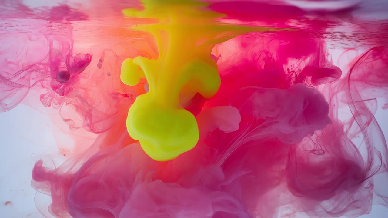 Releasing nozzle dropping neon yellow-green plume into glass tank, mixing with magenta orange