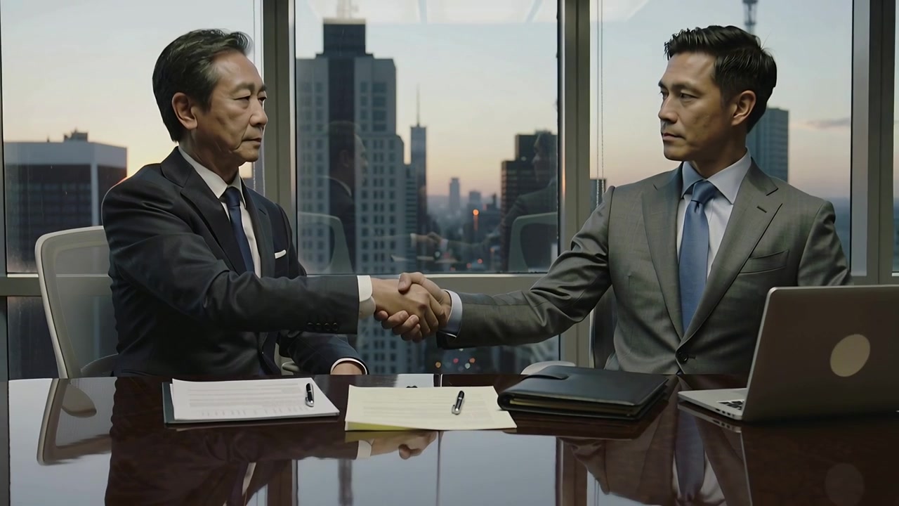 Shaking hands, two men in suits confirming contract after signing in high-rise office with folio