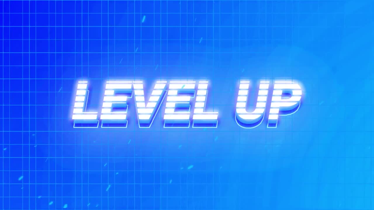 animación pantalla de videojuego vintage con palabras nivel arriba escrito