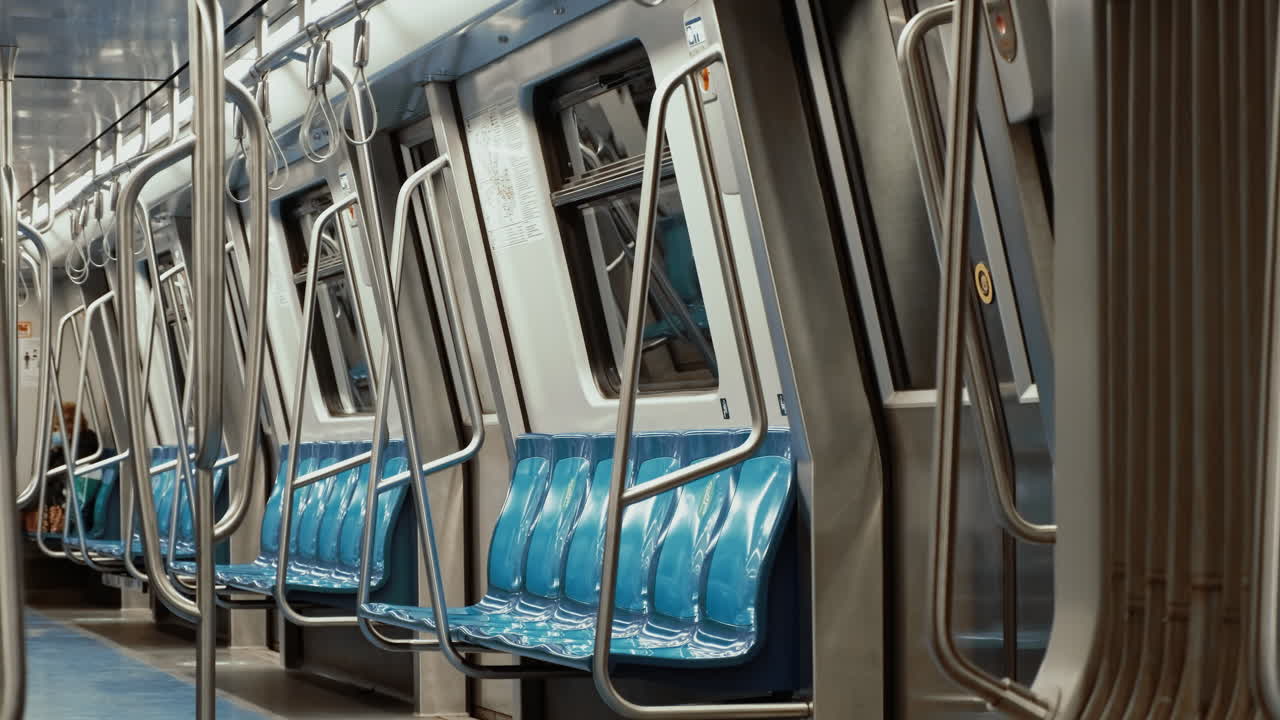 Interior of a subway with empty seats in Bucharest, Romania