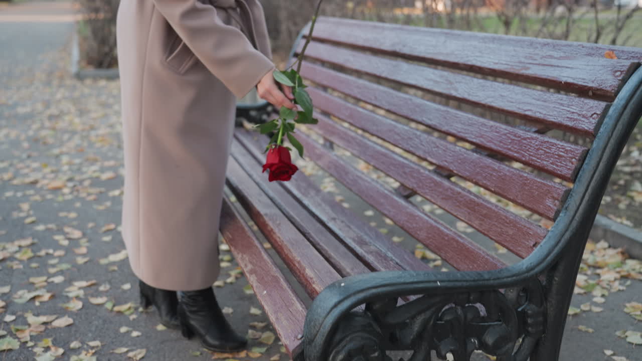 White woman places rose on bench, surrounded by fallen leaves and cool autumn light wearing long beige coat and headscarf, she gently smells rose then stands in silence, conveying memory, longing
