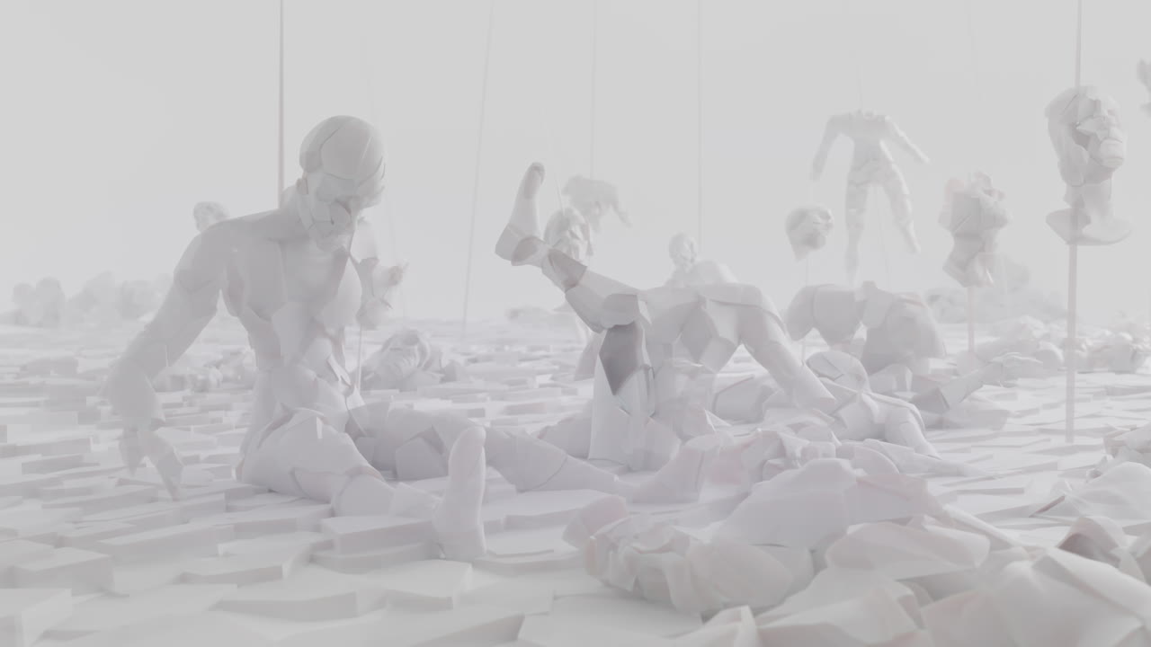 Broken android shells on a foggy junkyard