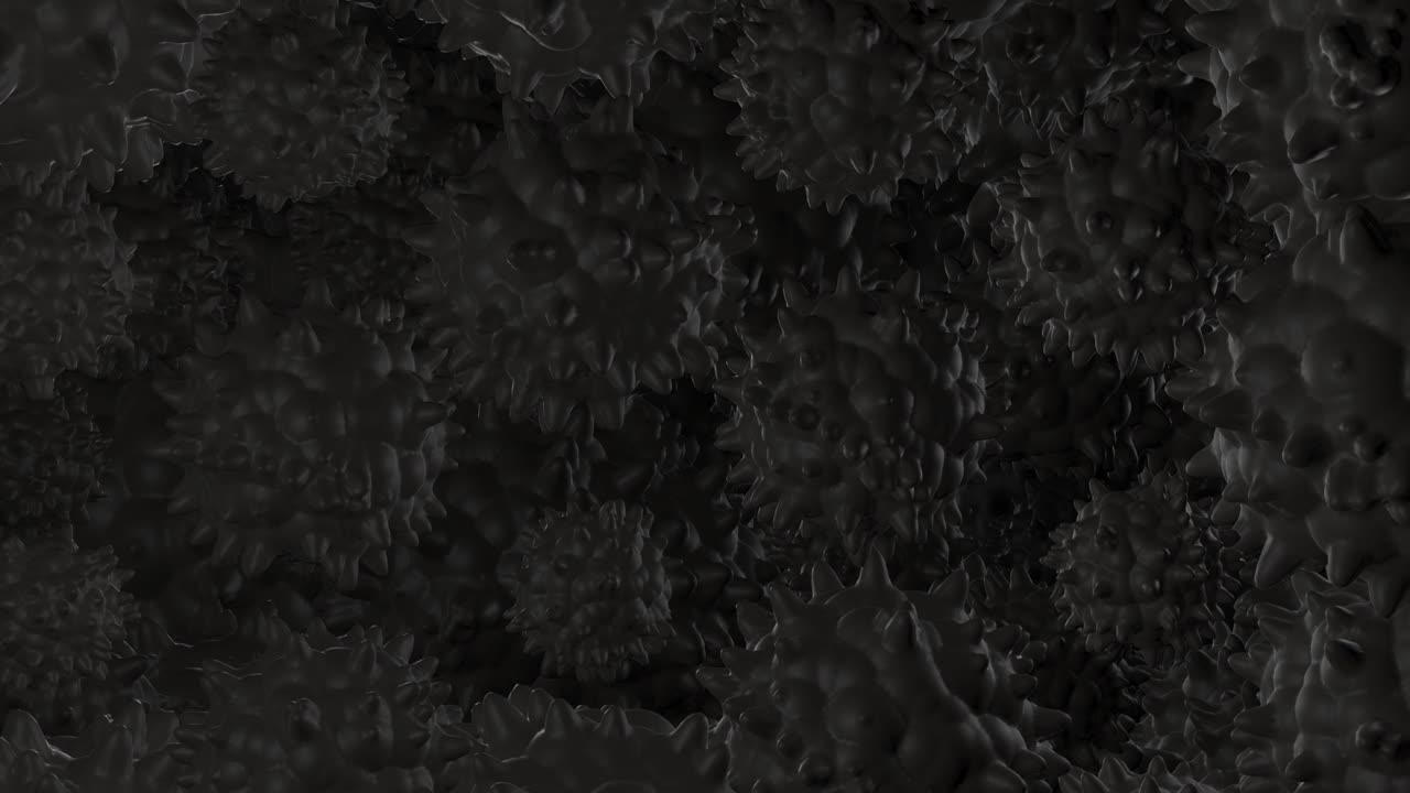 fondo cgi oscuro con virus. microorganismos esféricos negros girando. papel tapiz médico o científico, renderizado en 3d. bucle sin costuras.