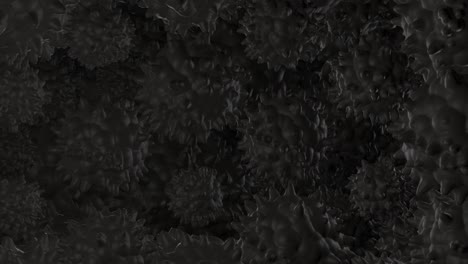 dark cgi background with viruses. black spherical microorganisms rotating. medical or scientific wallpaper, 3d rendering. seamless loop.