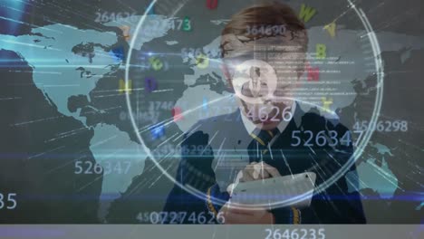 Animation-of-numbers-changing-and-network-of-connections-with-world-map-and-schoolboy-using-tablet