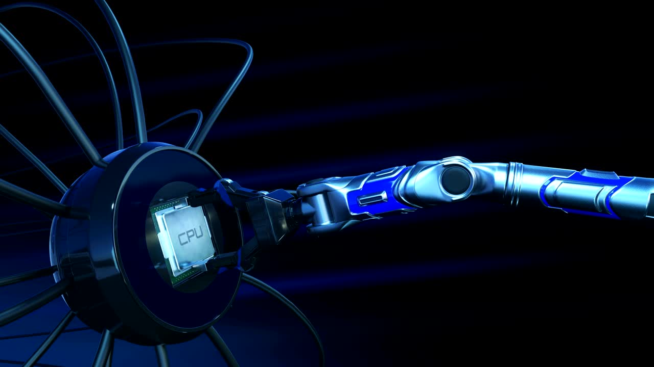 bellissimo processo di installazione del processore su una scheda a circuito futuristico da parte di un braccio robot con segnali blu. scheda madre di animazione 3d con cpu e flares. tecnologia e concetto digitale. 4k uhd 3840x2160.