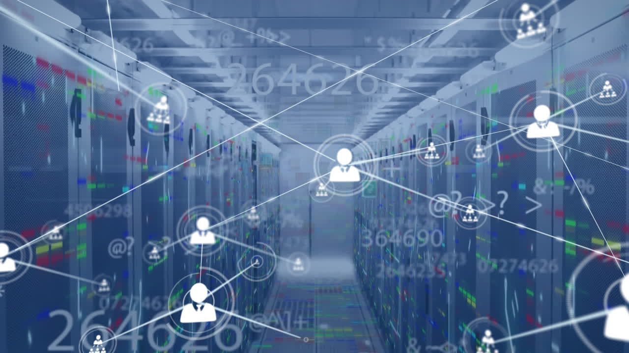 Animation of network of connections with icons over computer servers and data processing