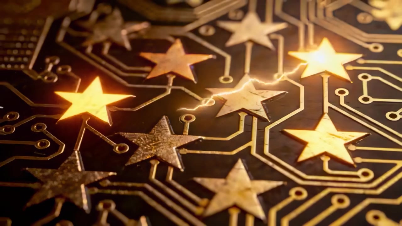 Traveling spark along trace igniting gold five-pointed stars on circuit board, activating warm glow