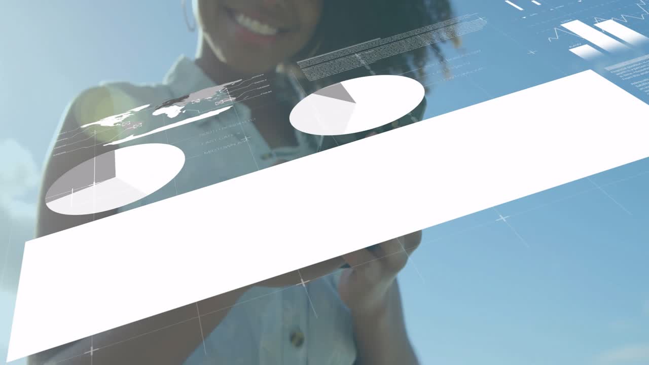 Woman swiping smartphone screen and loading AR data analytics charts for live data review