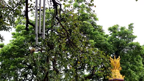 wind chimes and golden statue amidst trees