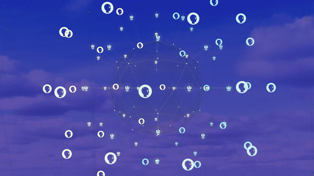 Animazione di un mappamondo di icone di profilo AI che ruota su nuvole nel cielo blu.