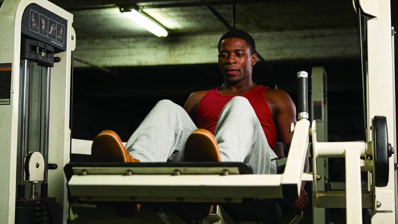 Starting leg press male gym-goer wearing red tank pushing platform at gym building strength