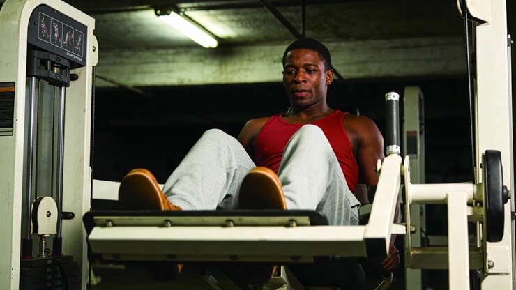 Starting leg press male gym-goer wearing red tank pushing platform at gym building strength