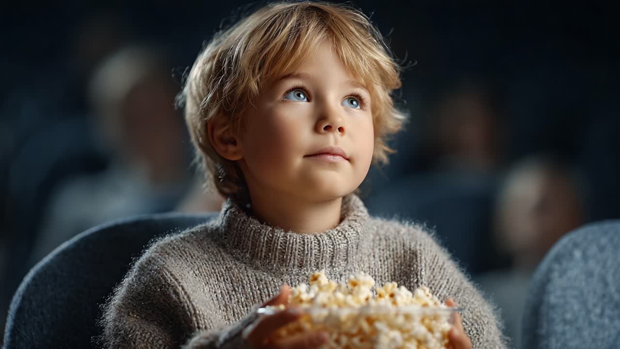 A Young Child Enjoying a Movie: Captivated in the Moment with Popcorn in Hand, Immersed in the Awe of the Cinematic Experience