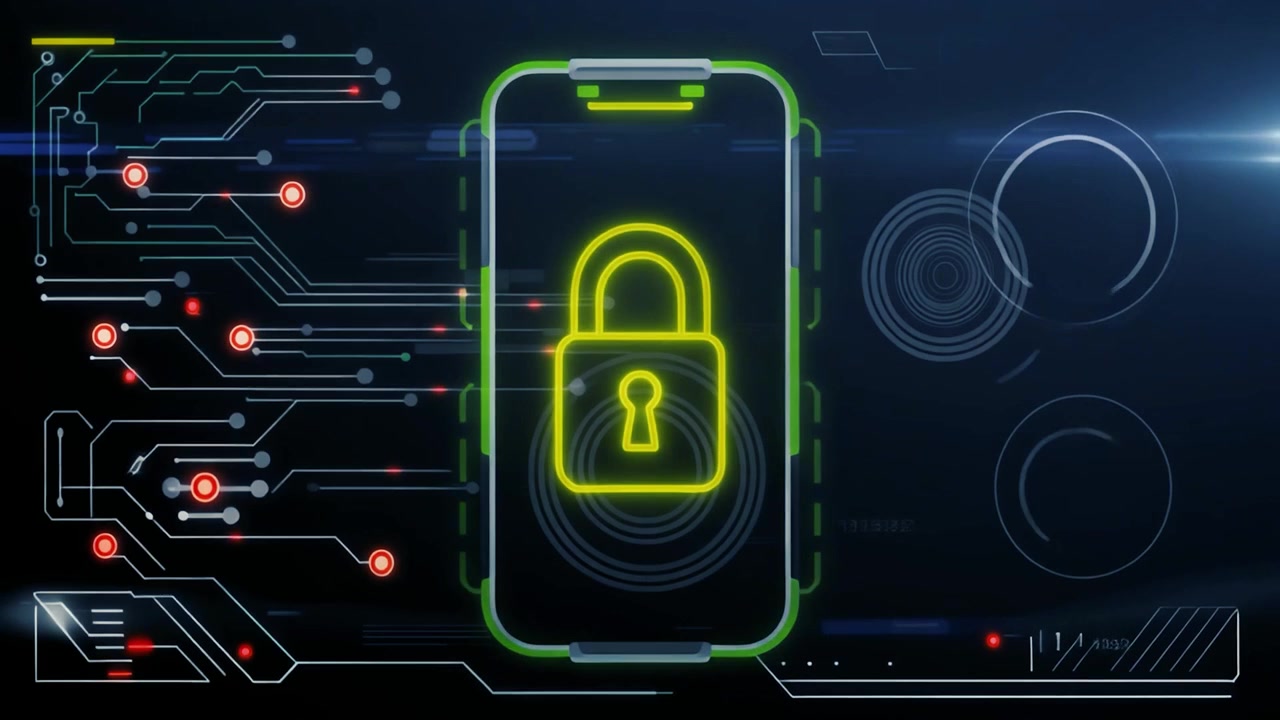 Glowing Padlock on Smartphone Screen with Digital Circuitry