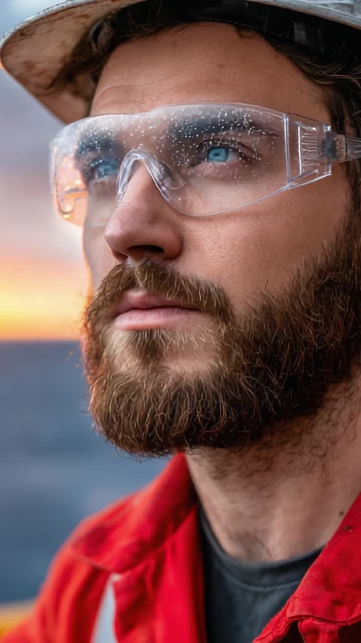 A determined worker gazes at the horizon during a beautiful sunset, showcasing the spirit of dedication and hard work in challenging environments. Safety gear highlights commitment