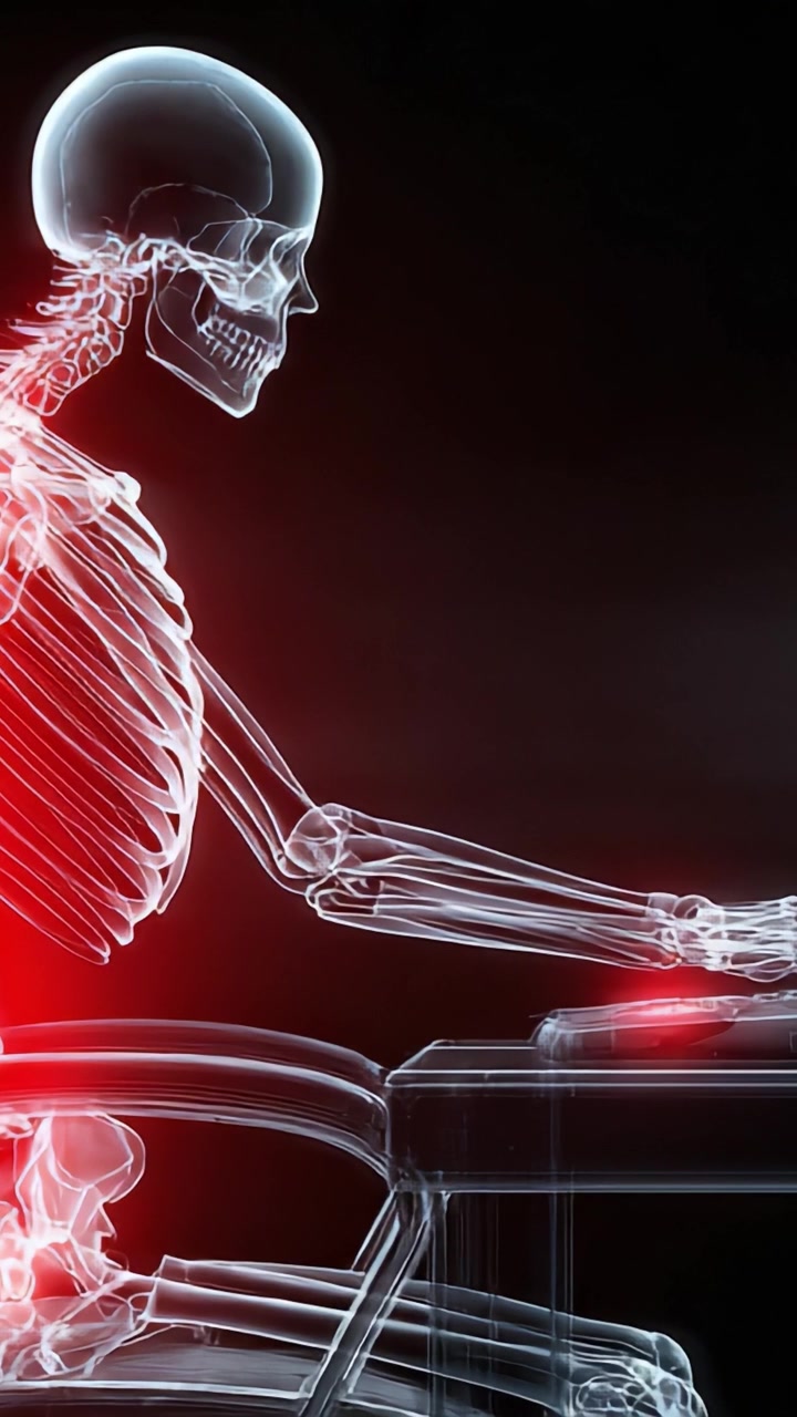An Intriguing Visualization of a Transparent Skeleton Engaged at a Desk, Showcasing the Complex Structure of Bones in a Modern Workspace Environment