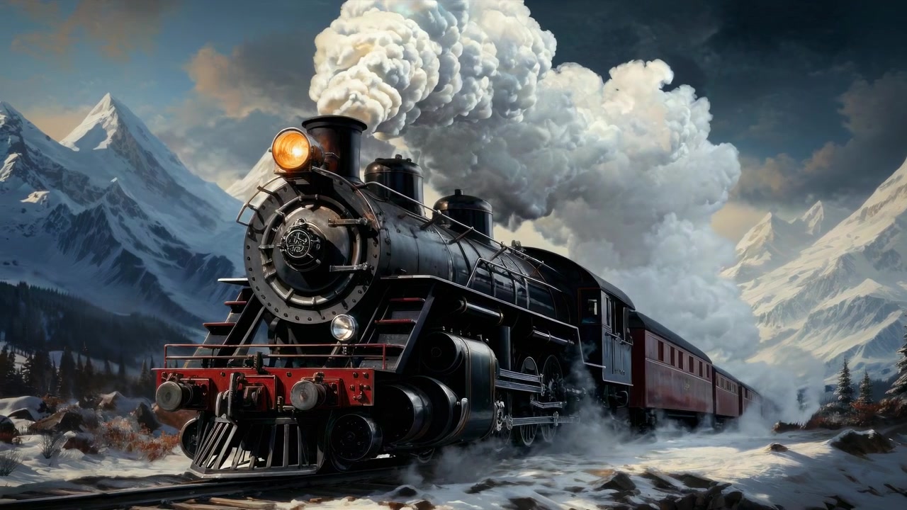 Locomotora de vapor vintage viajando a través de un paisaje montañoso nevado.