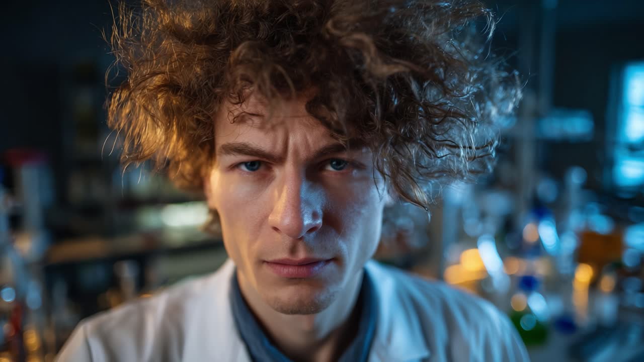 Intense Scientist Examines Experiment Results with Focused Expression in Laboratory Setting, Surrounded by Glassware and Scientific Equipment under Dim Lighting