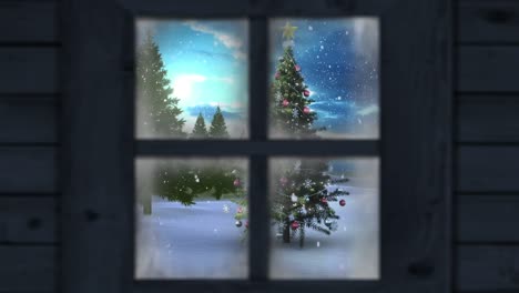 Animation of window view of christmas tree and winter landscape