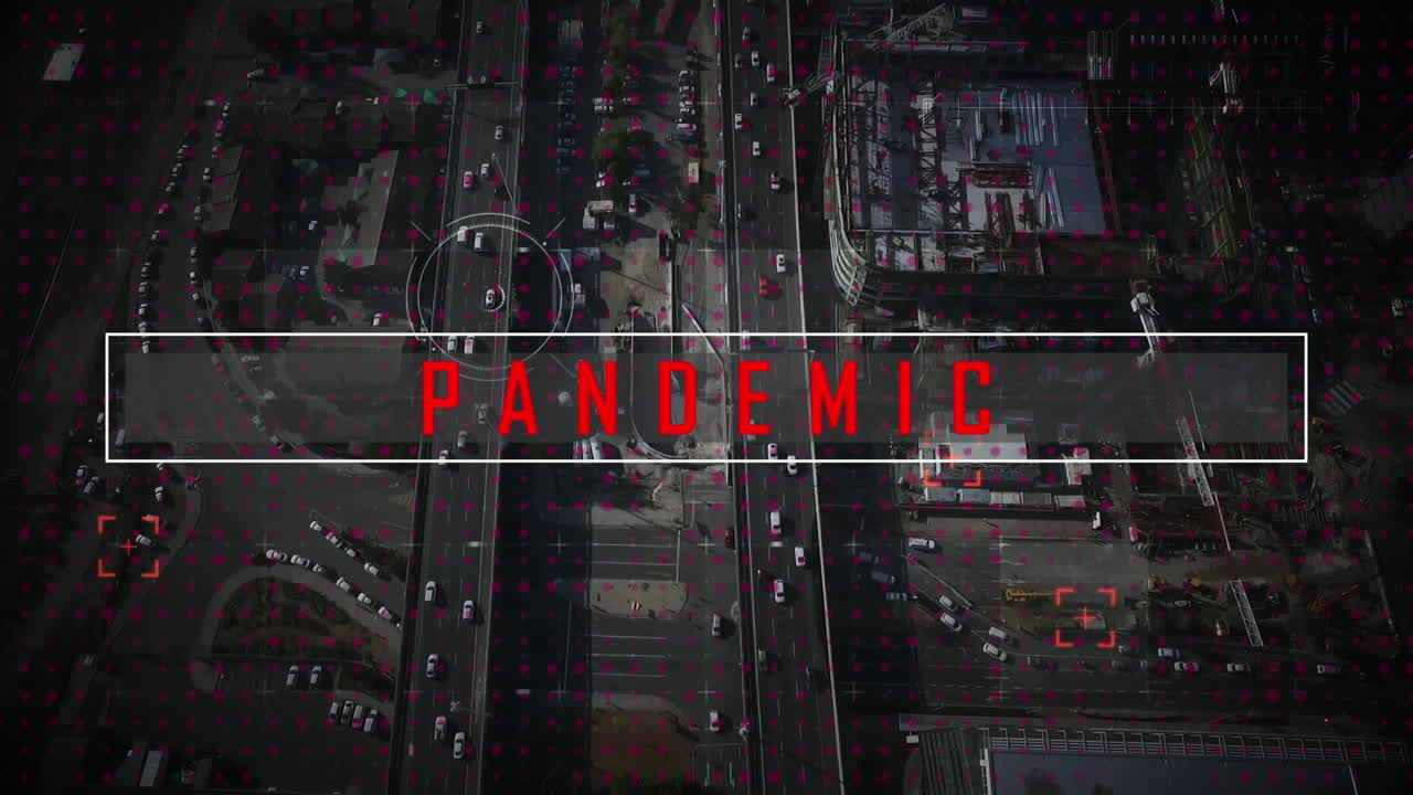 도시 풍경에 대한 전염병 텍스트와 함께 둥근 스캐너