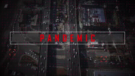 round scanner with pandemic text against cityscape