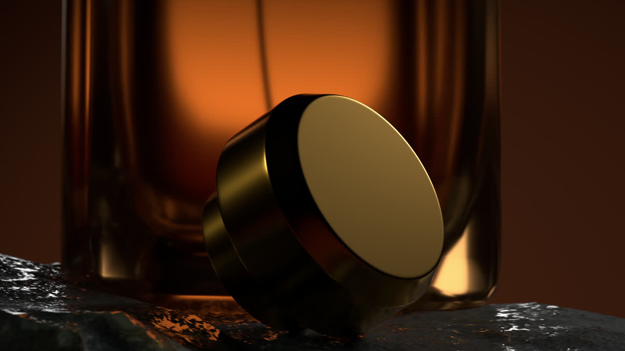 Elegante tappo dorato e bottiglia ambrata su sfondo scuro