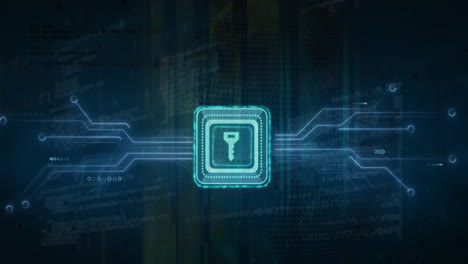 animation of key icon and digital data processing over computer circuit board