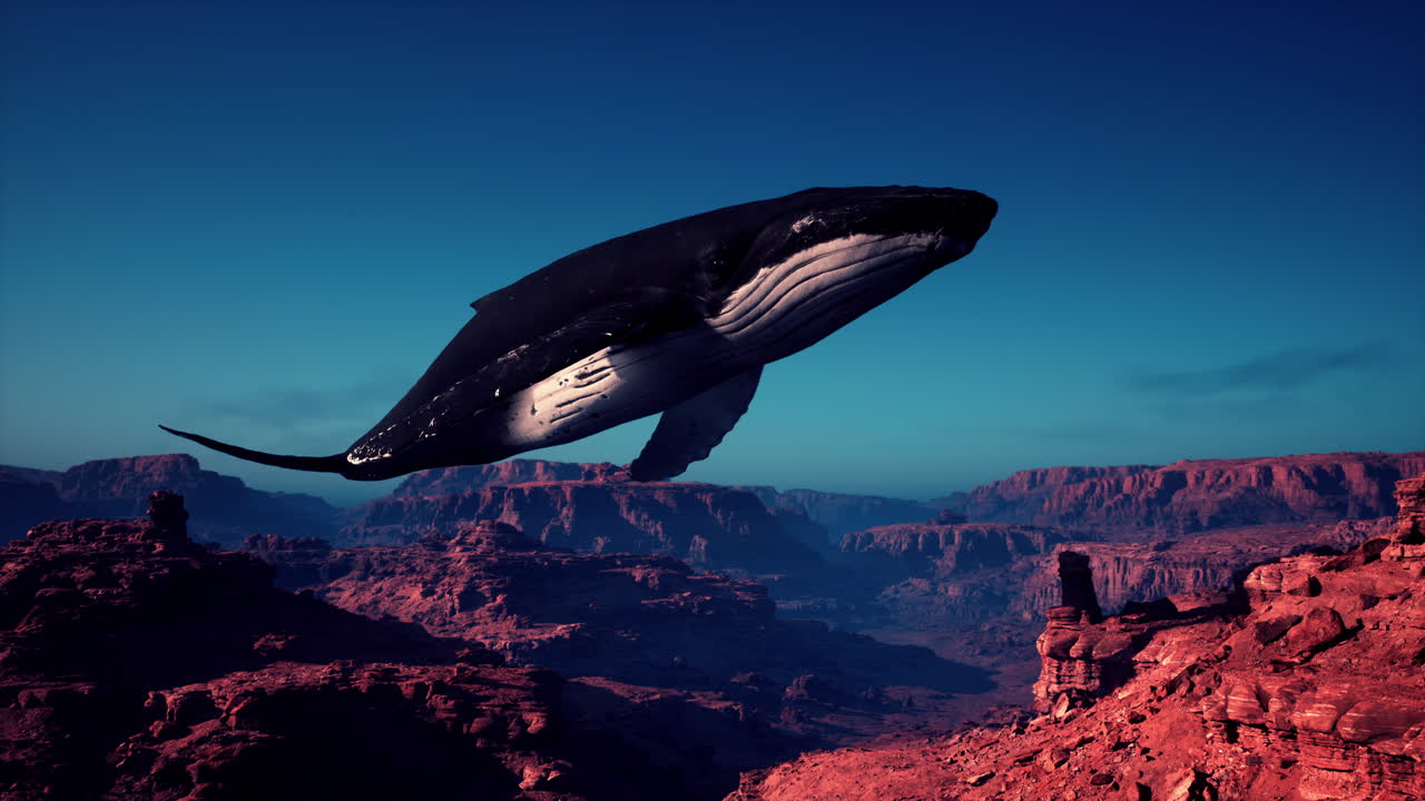una ballena voladora surrealista sobre el desierto del cañón de red rock.