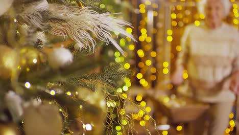 older woman approaching the christmas tree, hangs christmas decorations