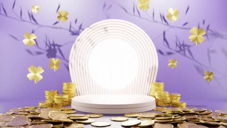 prosperity in bloom: golden coins and clover leaves surrounding a white circular display purple background mockup