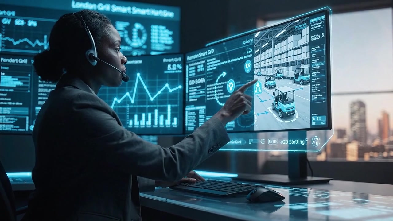Professional Woman Monitoring Automated Warehouse Logistics on Futuristic Screens