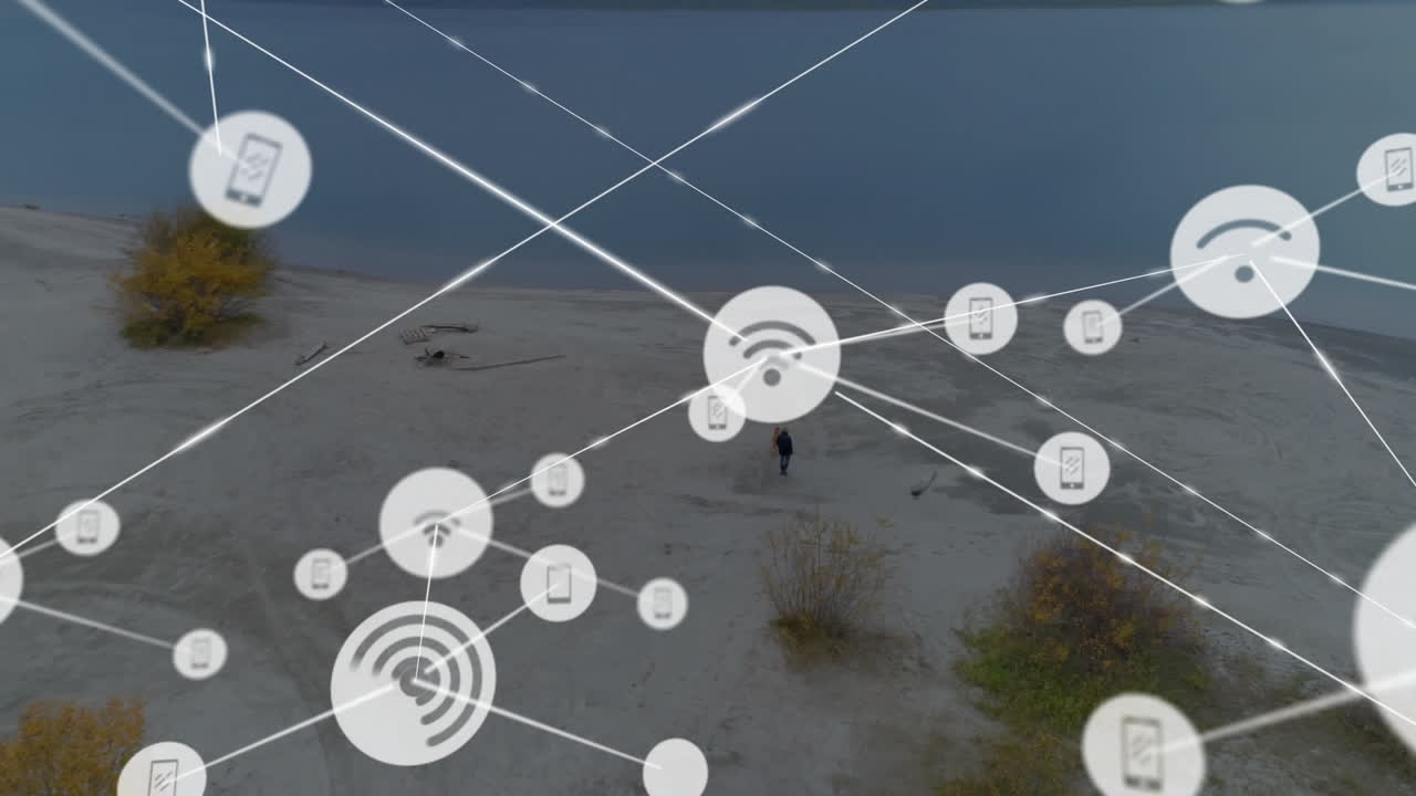 red de conexiones y procesamiento de datos animación sobre el paisaje de playa