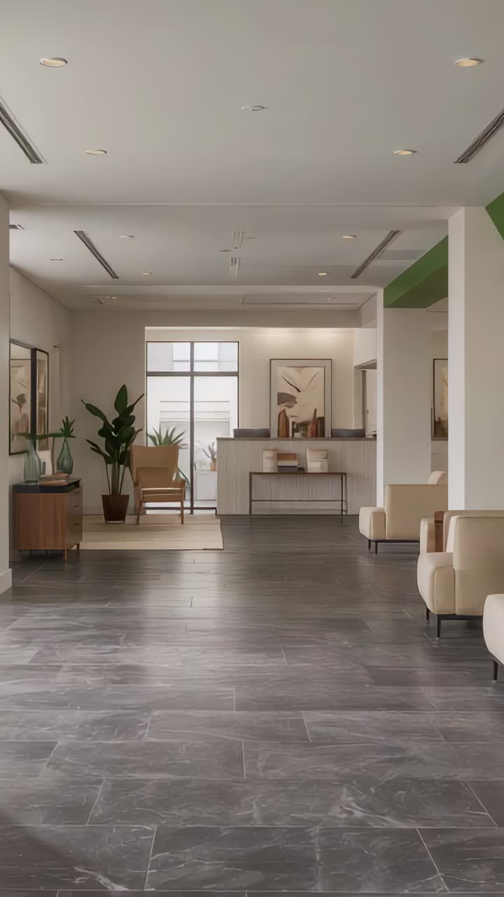 Vertical video: Camera capturing central gray tile floor leading to console, preparing for guests