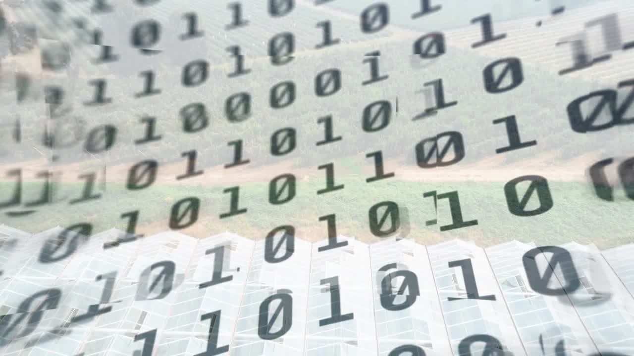 Drone scan starting binary overlay growing and shifting over fields, revealing solar grid to map