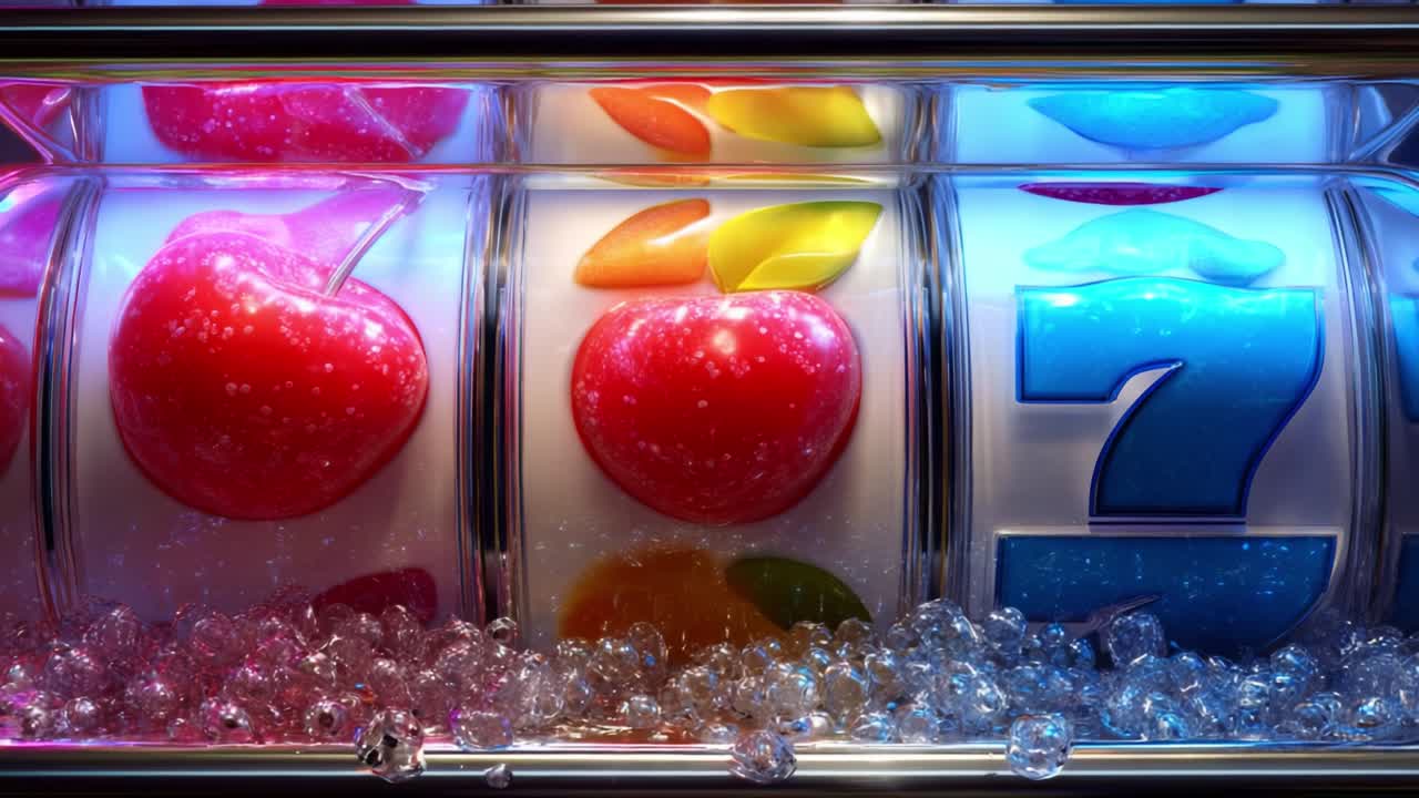 Vibrant Casino Slot Machine Featuring Colorful Fruit Symbols and Glittering Bubbles with a Bold Seven, Capturing the Excitement of Winning Big in a Lively Gaming Environment