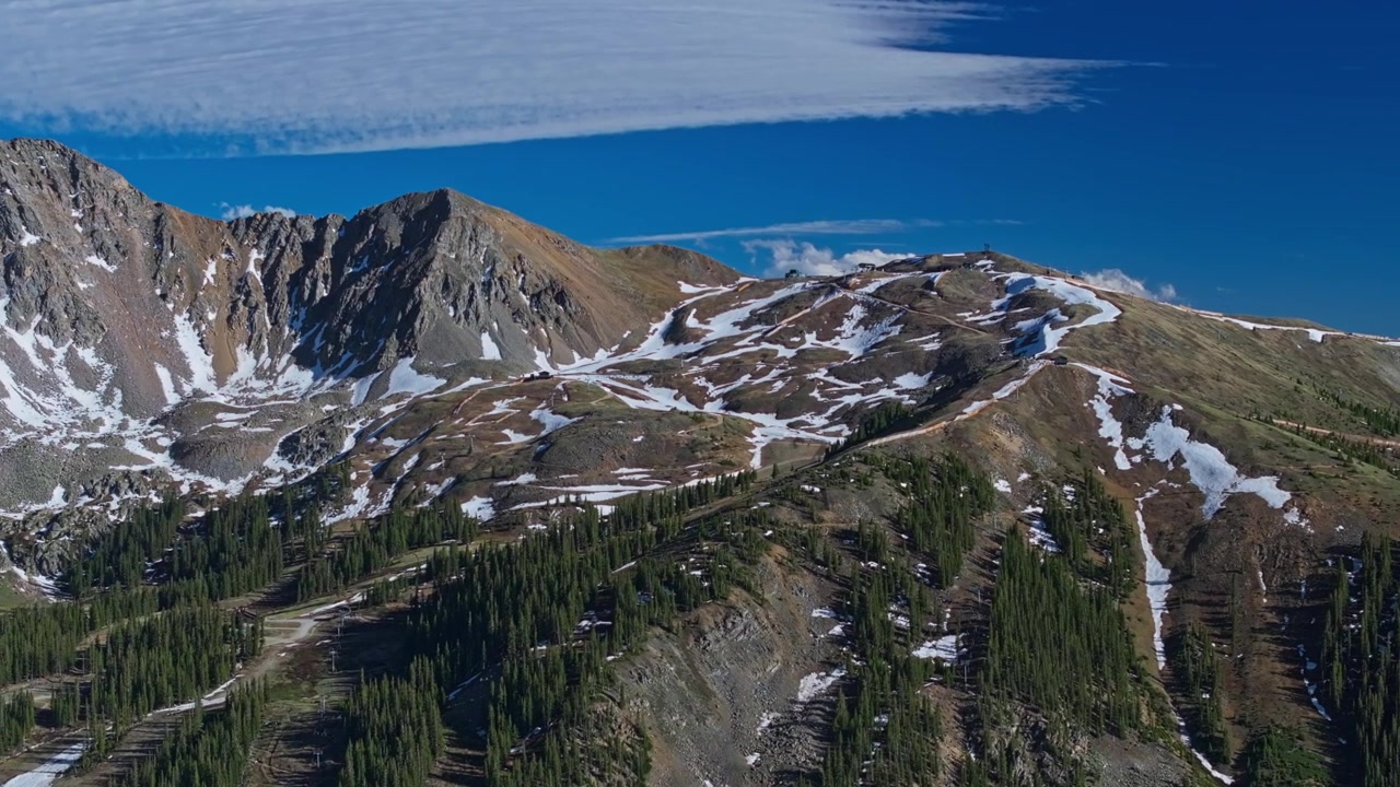 Alpine skiløjper krydser sneklædte bjergrygge ved Loveland Pass, droneoptagelse der bevæger sig mod venstre mod en fantastisk levende blå himmel.