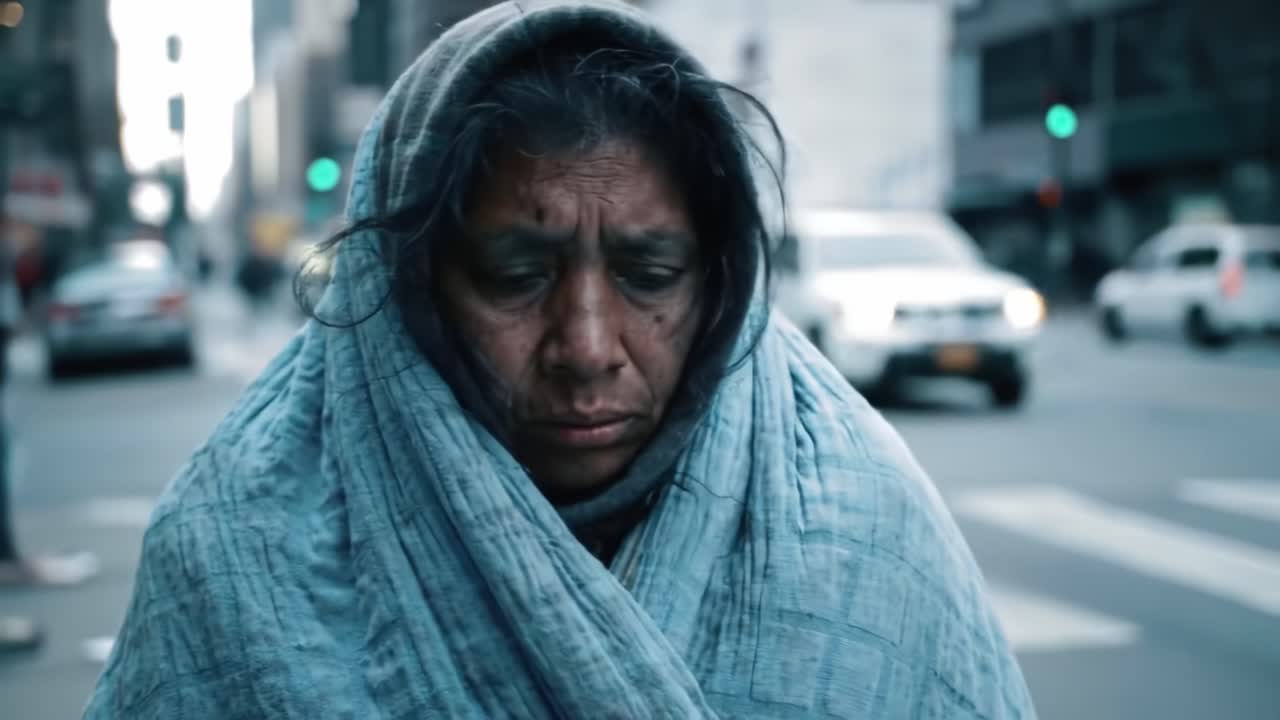 A Portrait of Resilience: Capturing the Struggles and Strength of a Woman in a City Wrapped in Isolation and Warmth of a Blanket Amidst Urban Life