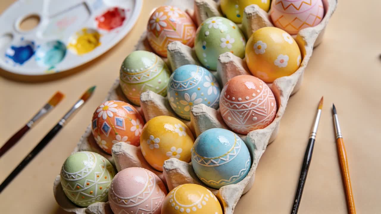Pulling back camera revealing egg carton filled with pastel eggs on mat, showing palette, brushes