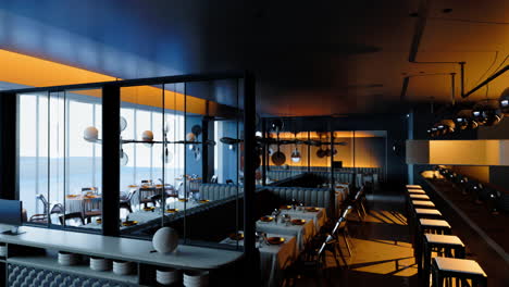 modern restaurant interior with city view