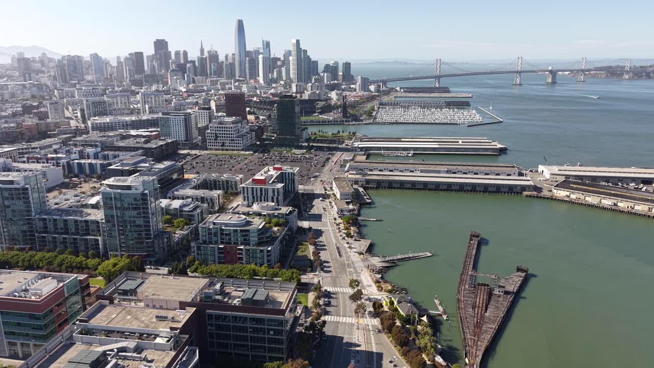 Aerial View of San Francisco USA, Mission Bay District and Downtown Skyline, Revealing Drone Shot