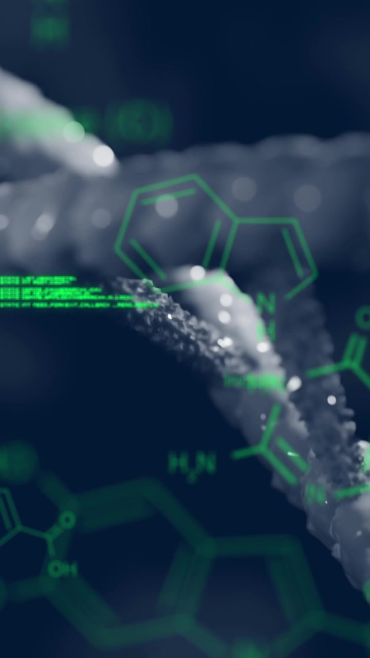 Animazione di strutture chimiche ed elaborazione dati su un filamento di DNA che ruota.