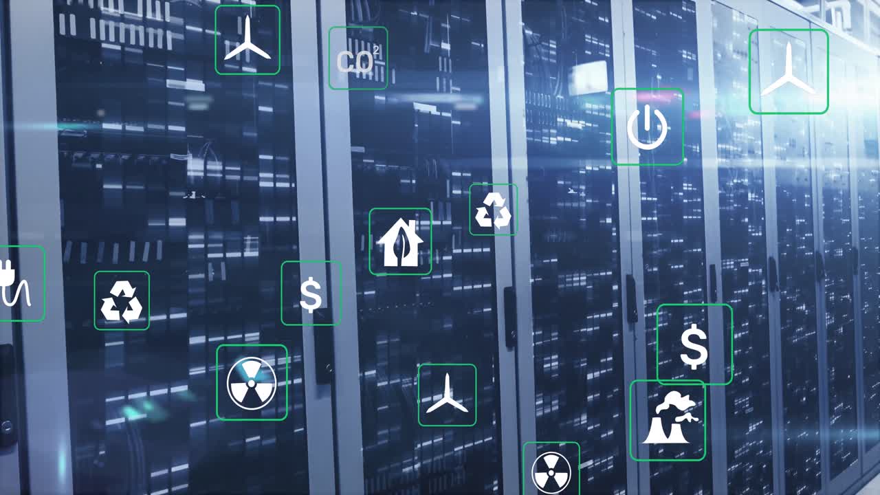 Animation of multiple icons with lens flares over bars on data server racks in server room