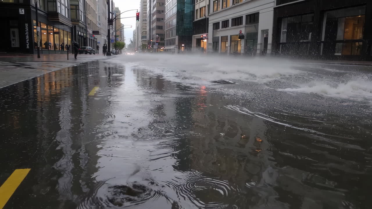 Flooded City Street During a Rainstorm