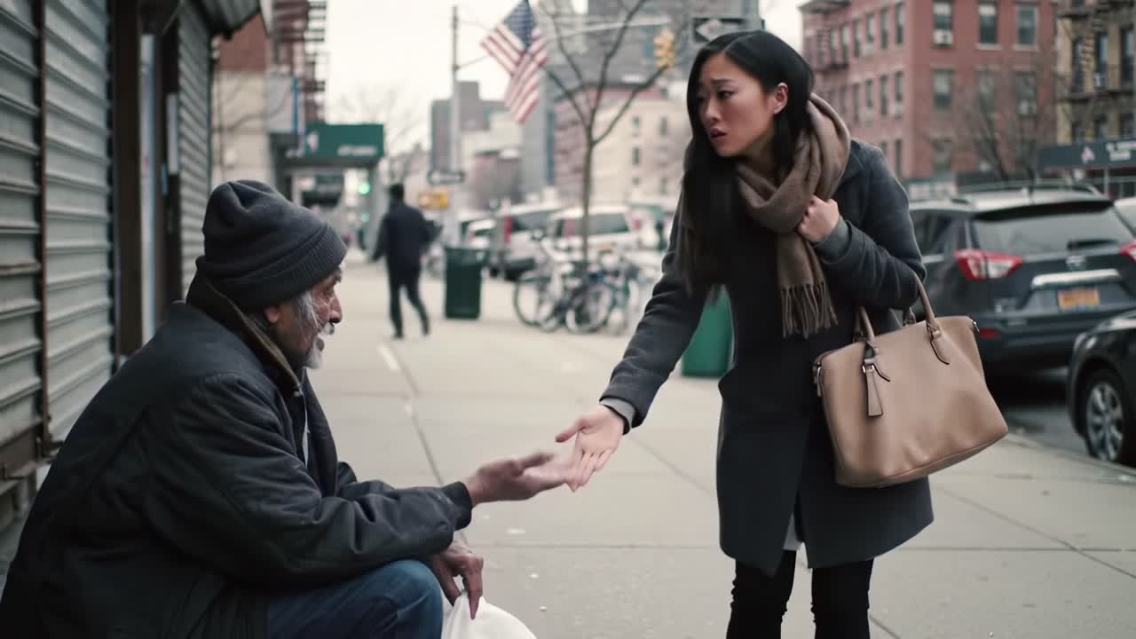 A poignant encounter on a city street, showcasing the moment of connection between a woman in a gray coat and a man seeking help, highlighting themes of empathy and social awareness.